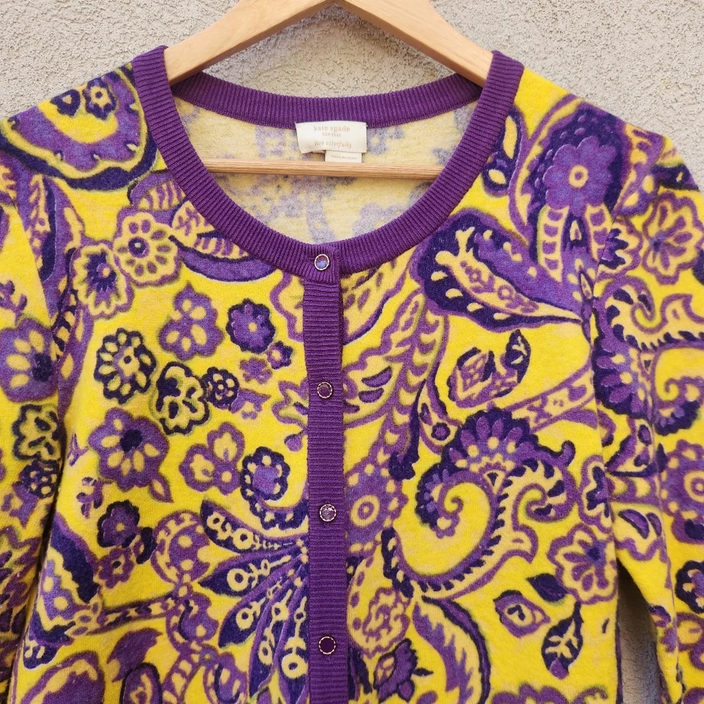 KATE SPADE Women's Cardigan Large Purple Yellow Paisley Wool Silk Blend Sweater - Picture 2 of 10